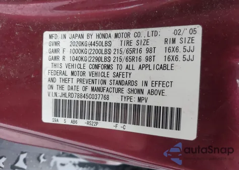 2005 Honda Cr-V Ex из США, поврежденный, VIN JHLRD78845C037768